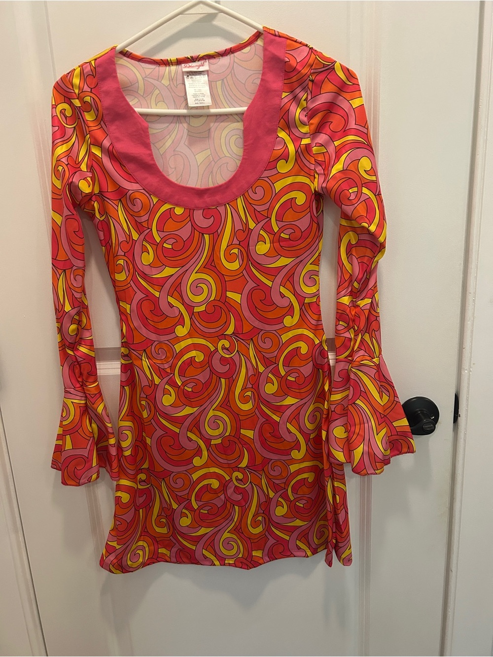 Dreamgirl Pink and Yellow Retro Swirl Long-Sleeve Dress